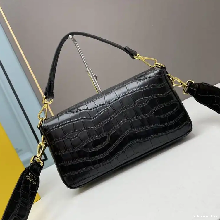 Cheap Leather In Fendi Medium Crocodile Bag Black Baguette 0610